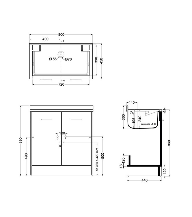Colavene DL8045B - Washbasin 80x45 cm with ABS bowl and White Cabinet