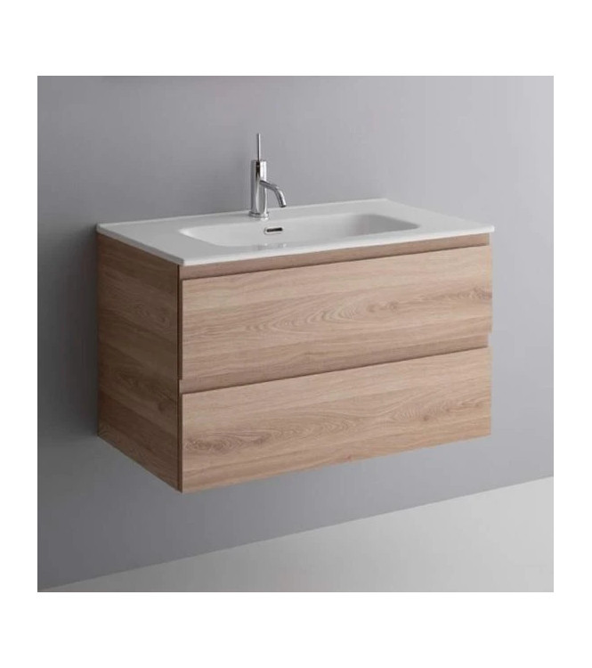 Mobile Bagno Sospeso Petit con Base a 2 Cassetti, Lavabo in Ceramica, Specchio e Faretto LED - 85 x 45 cm legno pelmo