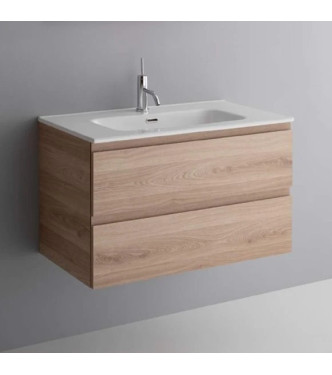 Petit Suspended Bathroom Cabinet with 2 Drawer Base, Ceramic Washbasin, Mirror and LED Spotlight - 85 x 45 cm pewter wood