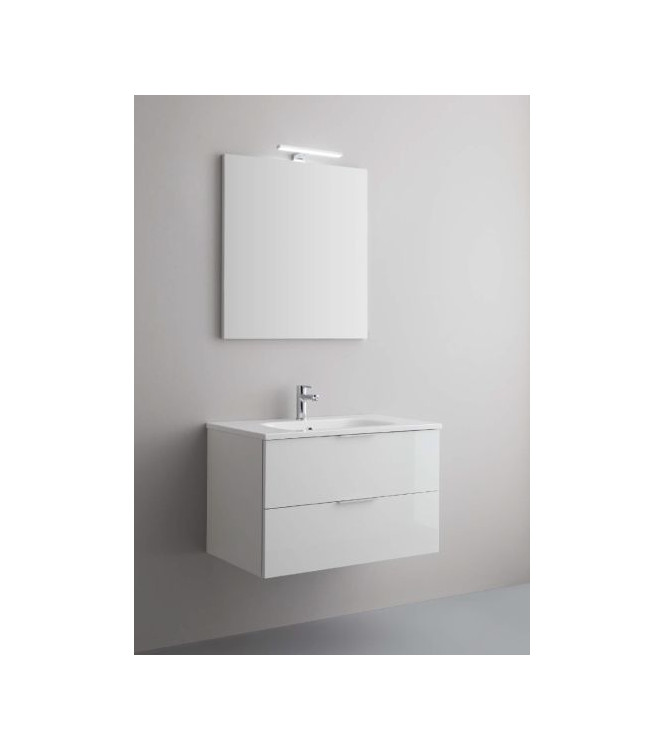 Mobile Bagno Sospeso Petit Base a 2 Cassetti, Lavabo, Specchio e Faretto LED - 105 x 45 cm bianco lucido