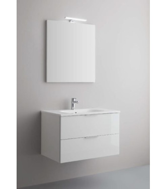 Mobile Bagno Sospeso Petit Base a 2 Cassetti, Lavabo, Specchio e Faretto LED - 105 x 45 cm bianco lucido