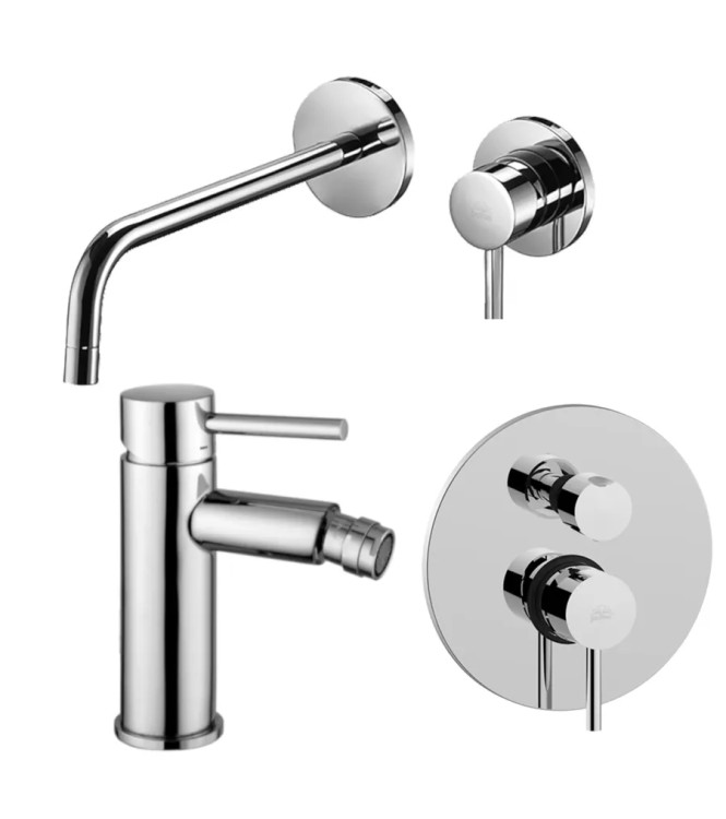 Set miscelatore lavabo Ø 7 cm bocca 17,8 cm con bidet ed incasso doccia 2 uscite cromato - Stick di Paffoni