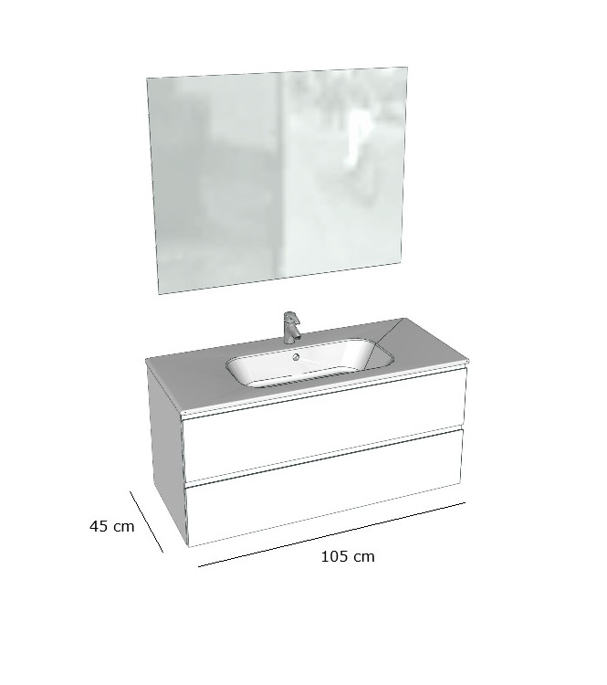 Mobile Bagno Sospeso Petit Base a 2 Cassetti, Lavabo, Specchio e Faretto LED - 105 x 45 cm bianco lucido
