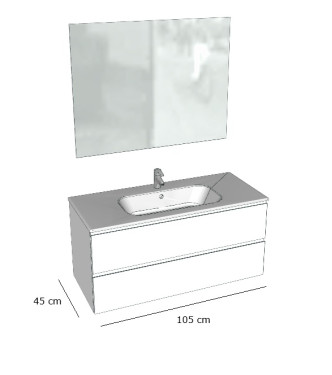 Mobile Bagno Sospeso Petit Base a 2 Cassetti, Lavabo, Specchio e Faretto LED - 105 x 45 cm bianco lucido