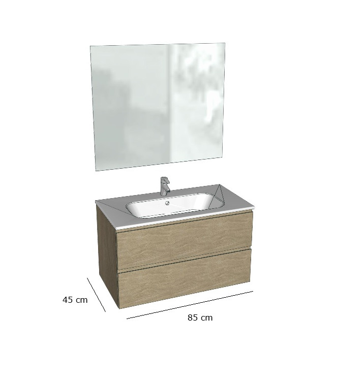 Mobile Bagno Sospeso Petit Base a 2 Cassetti, Lavabo, Specchio e Faretto LED - 85 x 45 cm legno pelmo