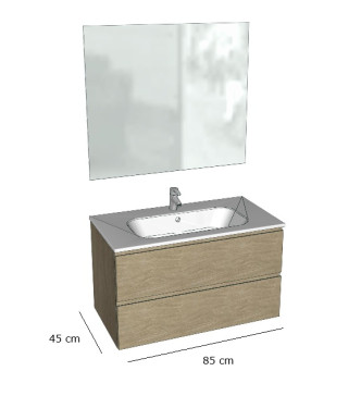 Mobile Bagno Sospeso Petit Base a 2 Cassetti, Lavabo, Specchio e Faretto LED - 85 x 45 cm legno pelmo
