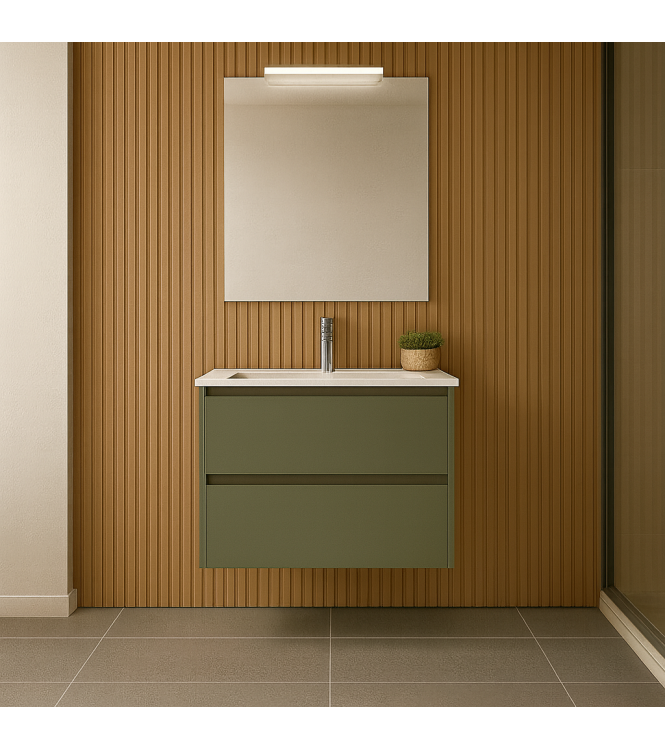MOBILE BAGNO SOSPESO CLARA 60 CM VERDE SATINATO, 2 CASSETTI CON LAVABO E SPECCHIO CON LUCE LED