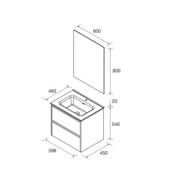 MOBILE BAGNO SOSPESO CLARA 60 CM LEGNO NATURALE, 2 CASSETTI CON LAVABO E SPECCHIO CON LUCE LED