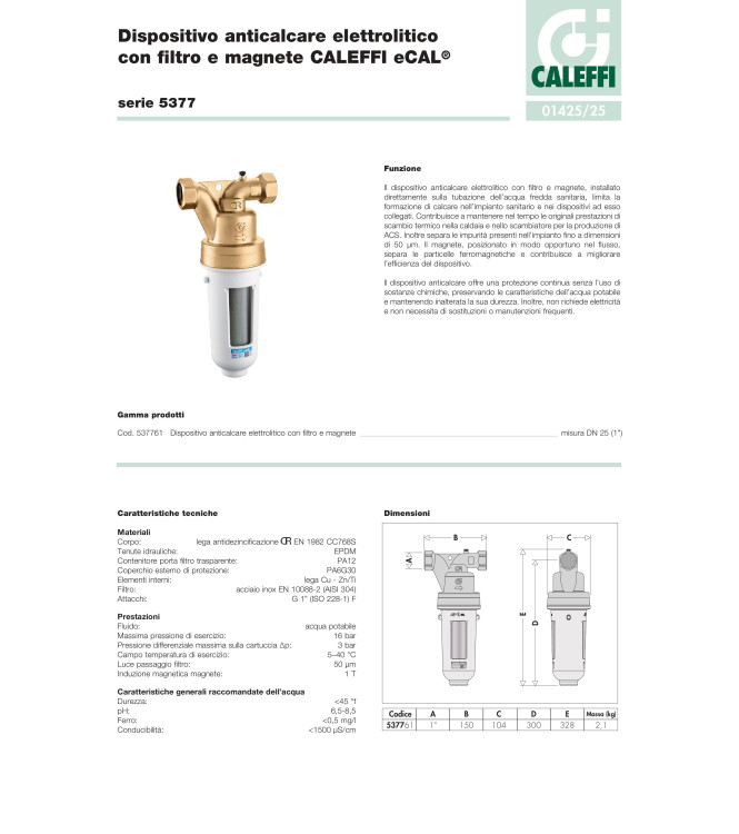 CALEFFI ELECTROLYTIC ANTI-SCALE DEVICE WITH FILTER AND MAGNET D. 1" - 537761