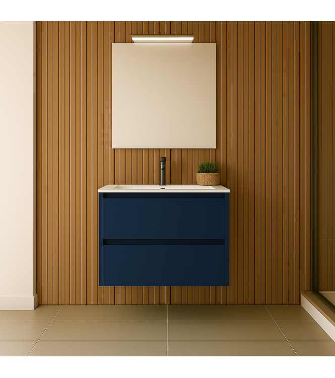 CLARA 60 CM SATIN BLUE WALL-MOUNTED BATHROOM CABINET, 2 DRAWERS WITH WASHBASIN AND MIRROR WITH LED LIGHTING 