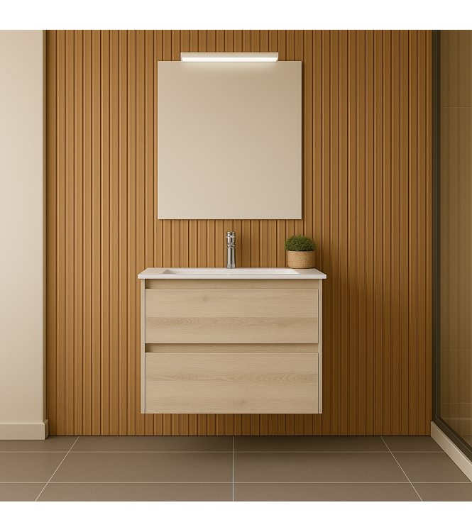 MOBILE BAGNO SOSPESO CLARA 60 CM LEGNO NATURALE, 2 CASSETTI CON LAVABO E SPECCHIO CON LUCE LED 
