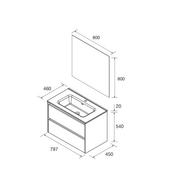 MOBILE BAGNO CLARA 80 CM BIANCO SATINATO, 2 CASSETTI  CON LAVABO E SPECCHIO CON LUCE LED 