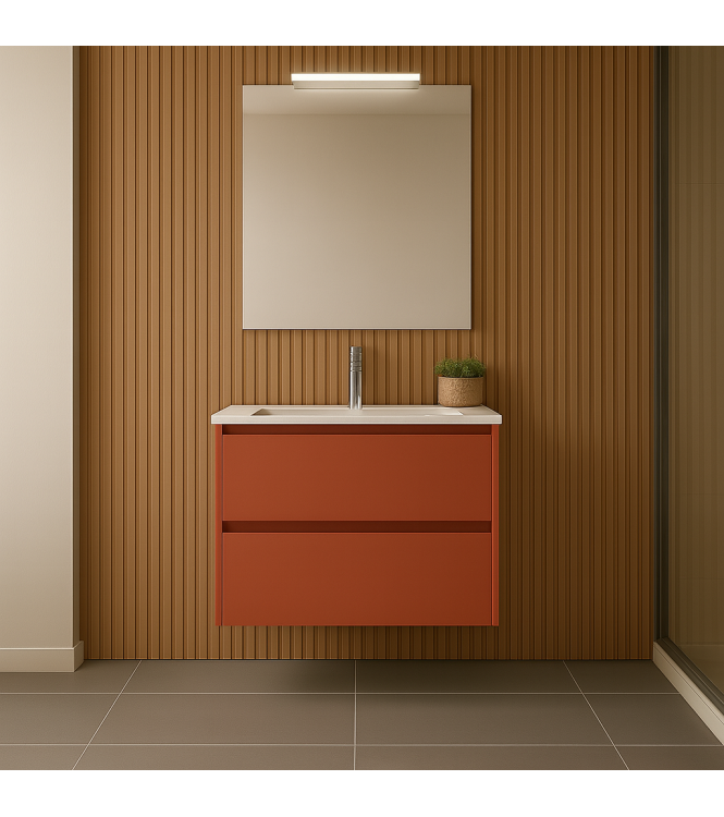 MOBILE BAGNO CLARA 80 CM ROSSO MATTONE SATINATO, 2 CASSETTI CON LAVABO E SPECCHIO CON LUCE LED 