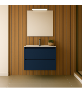 CLARA 100 CM SATIN BLUE BATHROOM CABINET, 2 DRAWERS WITH SINK AND MIRROR WITH LED LIGHT 