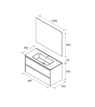 CLARA BATHROOM CABINET 100 CM SATIN BRICK RED, 2 DRAWERS WITH SINK AND MIRROR WITH LED LIGHTING 