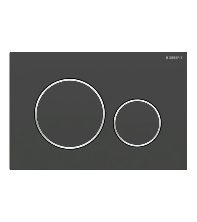 CONTROL PLATE SIGMA 20 ROUND GEBERIT PLATE AND BUTTONS IN MATT BLACK, POLISHED CHROME RINGS - 115.882.14.1