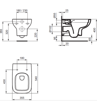 IDEAL STANDARD I.LIFE A WALL-HUNG TOILET WITH VARIABLE CENTER DISTANCE 180 - 230 MM AND RIMLS+ TECHNOLOGY - WHITE / T468001