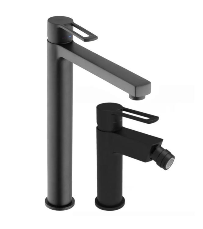 SET MISCELATORE LAVABO PROLUNGATO E BIDET SENZA SCARICO NERO OPACO -  RINGO DI PAFFONI - RI-81N