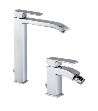PAFFONI LEVEL CHROME HIGH WASHBASIN MIXER + AUTOMATIC DRAIN BIDET - LEVELLAB