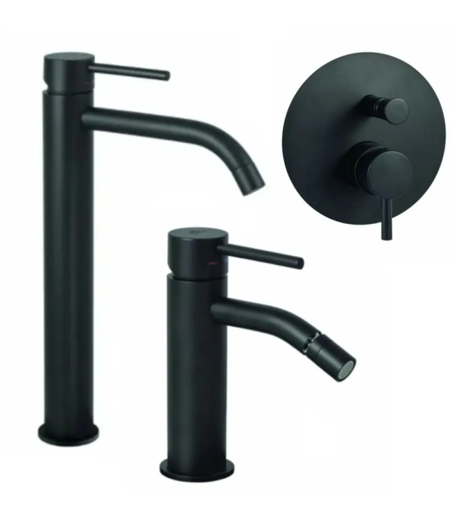 EXTENDED WASHBASIN AND BIDET MIXER SET WITH BUILT-IN SHOWER WITH MATT BLACK DIVERTER - LIGHT BY PAFFONI - LG-L15N