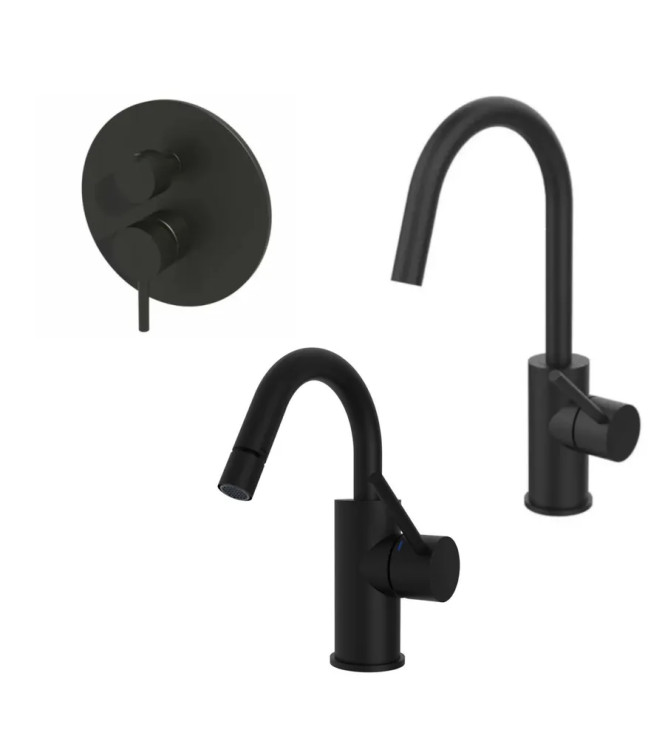 SET MISCELATORE LAVABO E BIDET CANNA A U + INCASSO DOCCIA 3 USCITE NERO OPACO - LIGHT DI PAFFONI - LG-19N