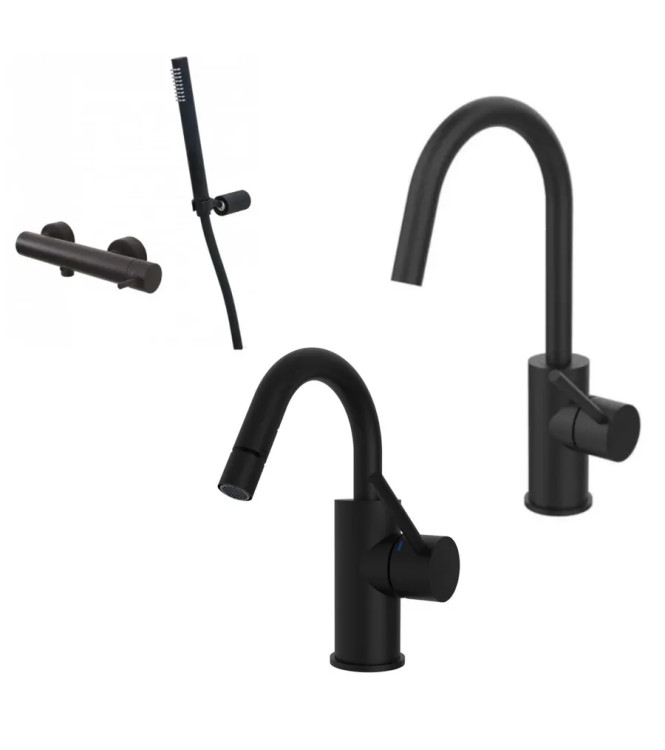 WASHBASIN AND BIDET MIXER SET WITH U-SHAPED SPOUT AND EXTERNAL SHOWER IN MATT BLACK - LIGHT BY PAFFONI - LG-A7N