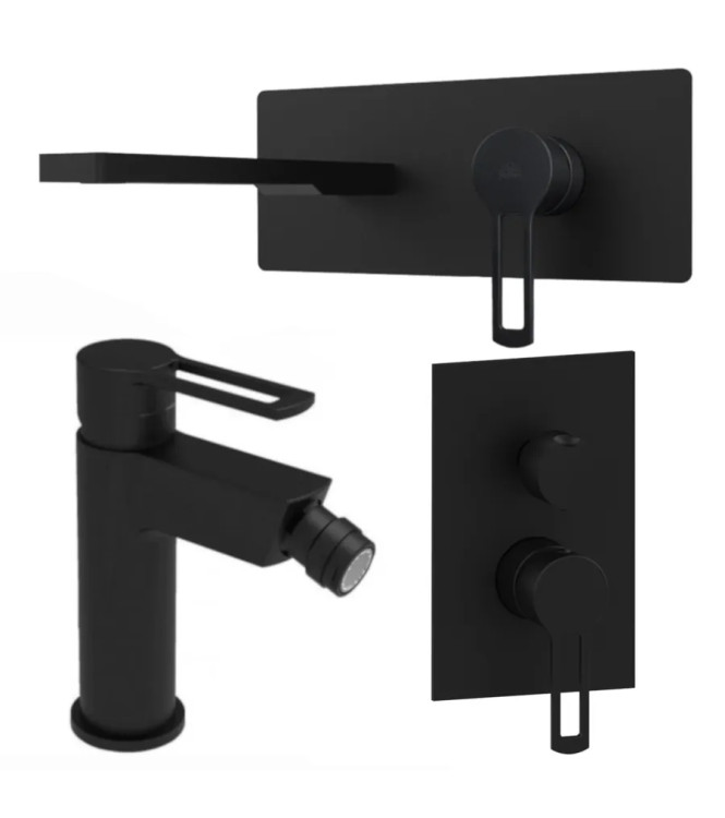 SET MISCELATORE LAVABO BOCCA 20 CM + BIDET ED INCASSO DOCCIA 2 USCITE NERO OPACO - RINGO DI PAFFONI - RI-58N