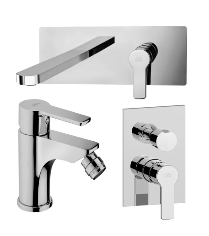 SET OF 15 CM WASHBASIN MIXER AND BIDET WITH CHROME-PLATED 2-OUTLET SHOWER -  RED BY PAFFONI - RED-48