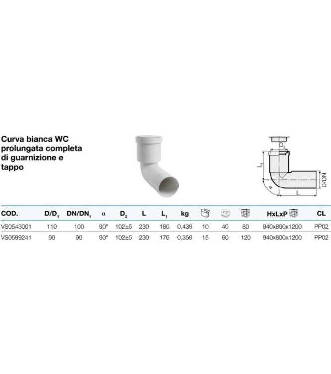 CURVA BIANCA WC PROLUNGATA COMPLETA DI GUARNIZIONE E TAPPO DIAMETRO 90°