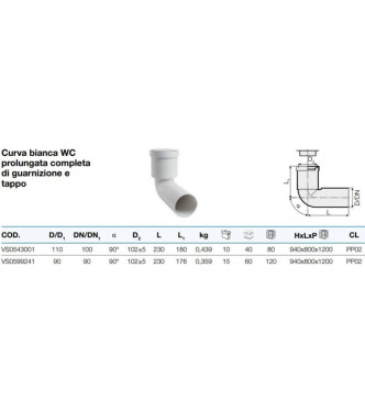 CURVA BIANCA WC PROLUNGATA COMPLETA DI GUARNIZIONE E TAPPO DIAMETRO 90°