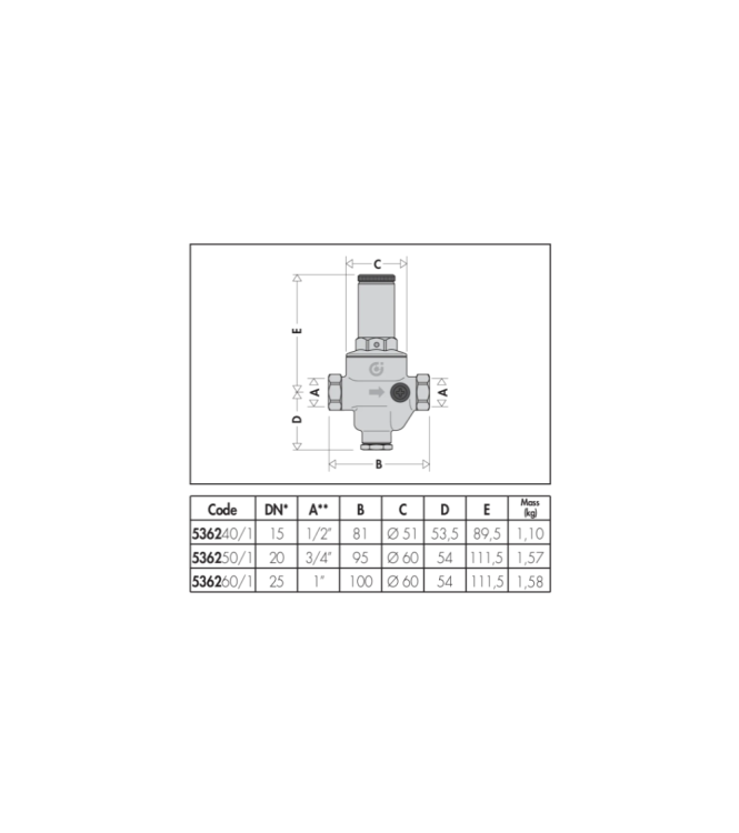 RIDUTTORE DI PRESSIONE CON CARTUCCIA ESTRAIBILE 1/2" CALEFFI 536240