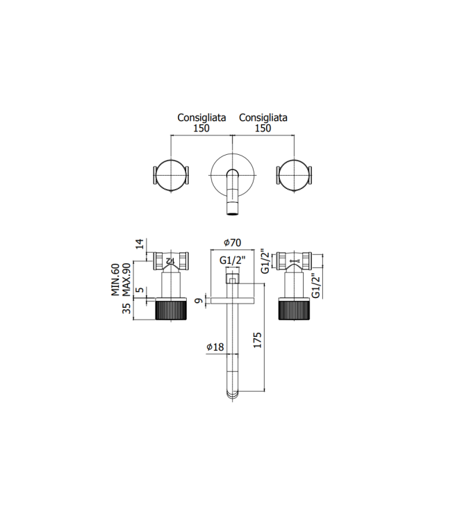 BATTERIA INCASSO LAVABO 3 FORI CON BOCCA L. 175 MM PAFFONI SERIE JO JO003NO