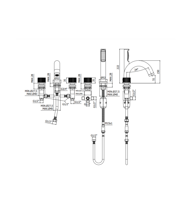 BATTERIA BORDO VASCA CON DEVIATORE E DOCCETTA ESTRAIBILE PAFFONI SERIE JO JO044NO