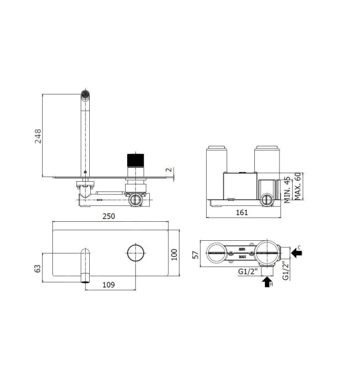 MISCELATORE LAVABO AD INCASSO CON BOCCA L. 248 MM PAFFONI SERIE JO JO106NO