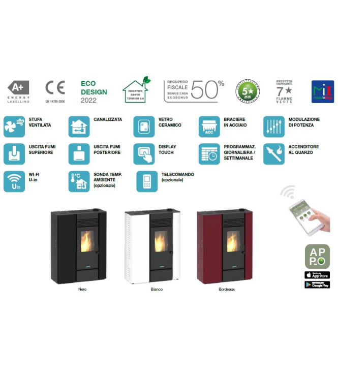 STUFA A PELLET GENOVA 10 KW CANALIZZABILE 5 STELLE BIANCA - ITALICAL 104136IC