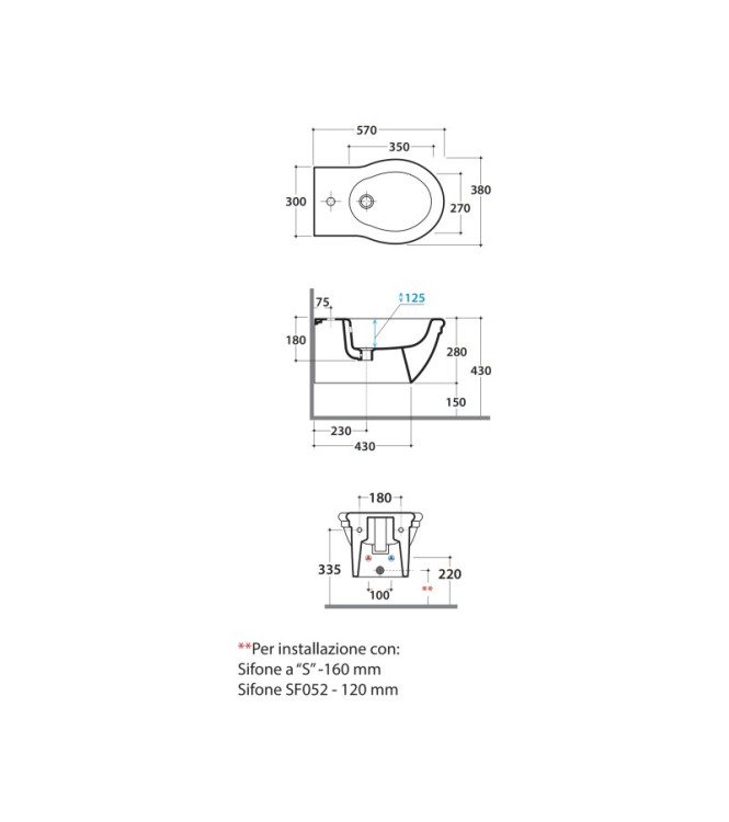 Bidet sospeso in ceramica 57x38 cm Globo Paestum PAS10BI
