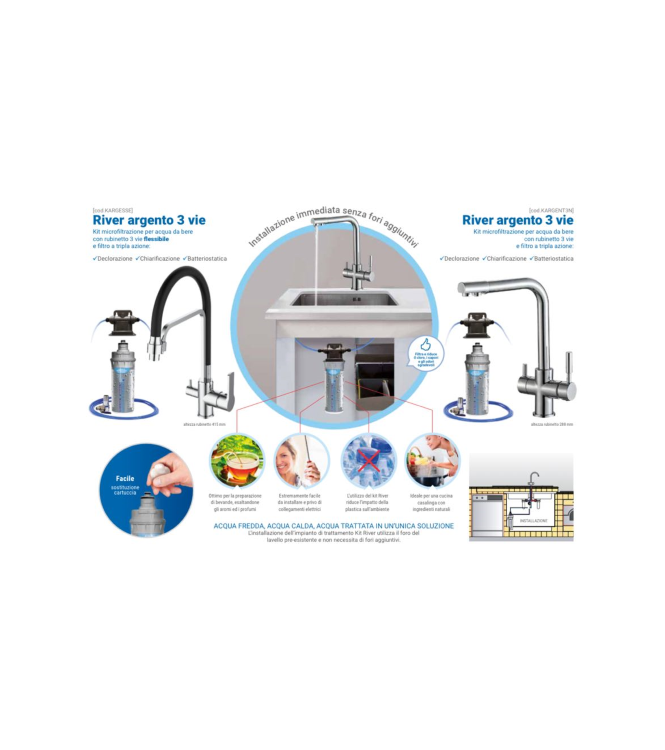 KIT MICROFILTRAZIONE PER ACQUA DA BERE CON RUBINETTO 3 VIE ARGENTO EUROACQUE KARGENT3N