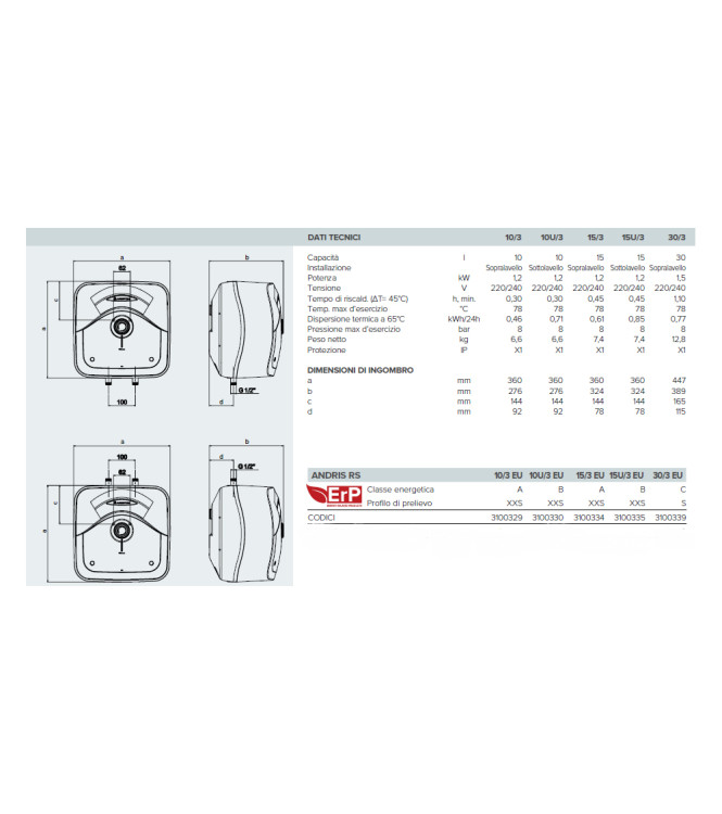 SCALDACQUA ELETTRICO SOPRALAVELLO ANDRIS RS 30 LITRI - ARISTON 3100339