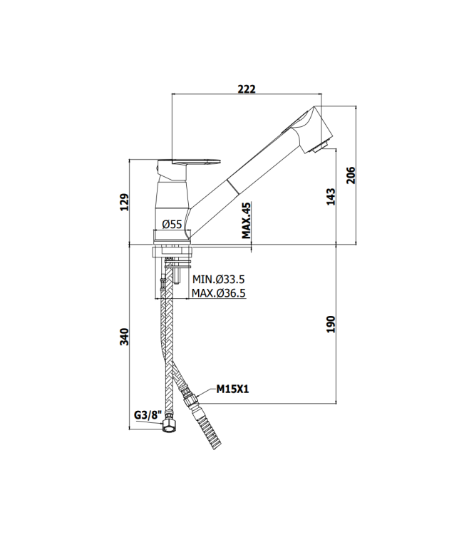 MISCELATORE MONOCOMANDO PER LAVELLO CON DOCCETTA ESTRAIBILE PAFFONI SERIE CANDY CA183CR